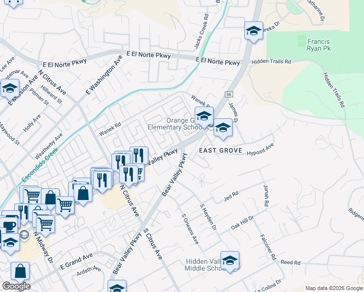 map of restaurants, bars, coffee shops, grocery stores, and more near 2700 East Valley Parkway in Escondido