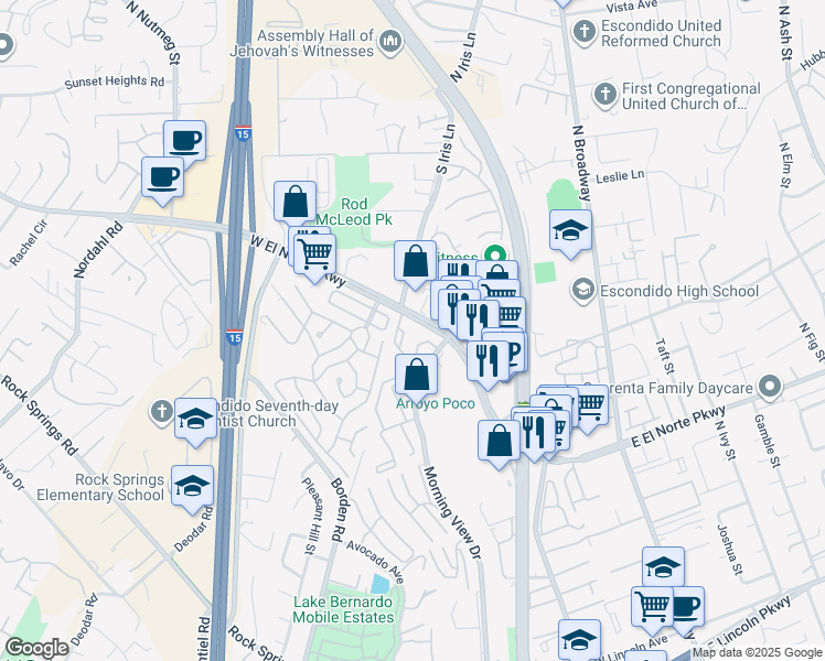 map of restaurants, bars, coffee shops, grocery stores, and more near 430 West El Norte Parkway in Escondido