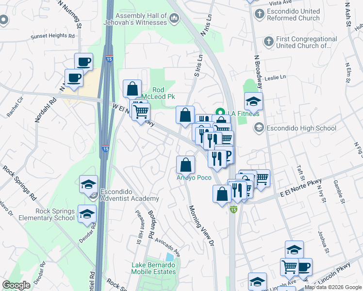 map of restaurants, bars, coffee shops, grocery stores, and more near 439 West El Norte Parkway in Escondido