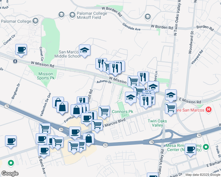 map of restaurants, bars, coffee shops, grocery stores, and more near 425 Autumn Drive in San Marcos
