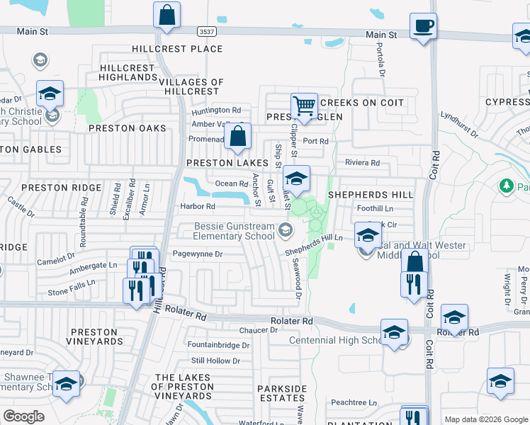 map of restaurants, bars, coffee shops, grocery stores, and more near 7809 Anchor Street in Frisco