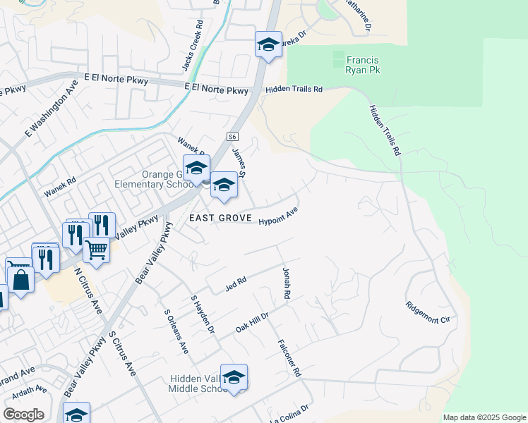 map of restaurants, bars, coffee shops, grocery stores, and more near 210 James Street in Escondido