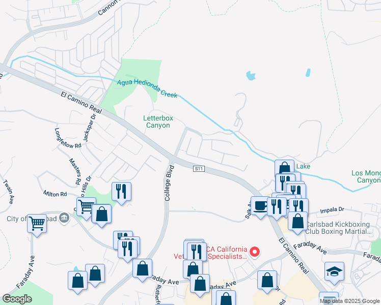 map of restaurants, bars, coffee shops, grocery stores, and more near 5468 Foxtail Loop in Carlsbad