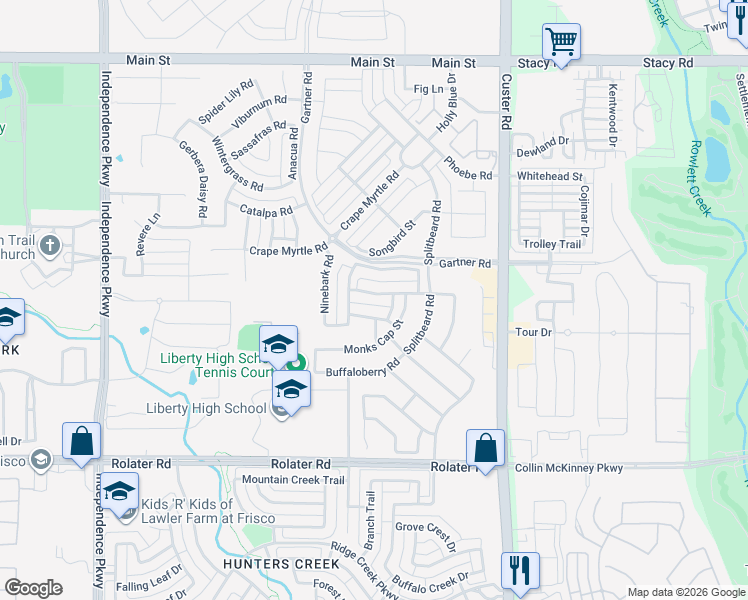 map of restaurants, bars, coffee shops, grocery stores, and more near 15786 Shasta Daisy Road in Frisco