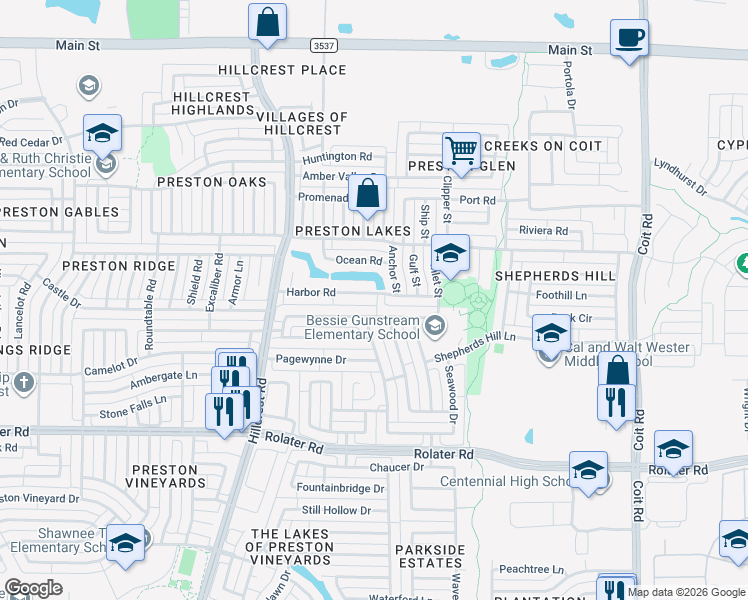 map of restaurants, bars, coffee shops, grocery stores, and more near 7809 Anchor Street in Frisco