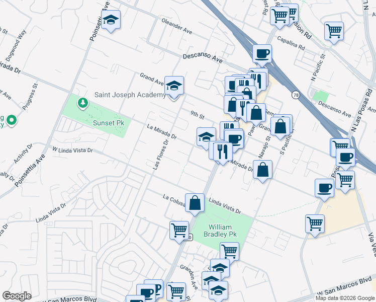 map of restaurants, bars, coffee shops, grocery stores, and more near 3668 La Mirada Drive in San Marcos