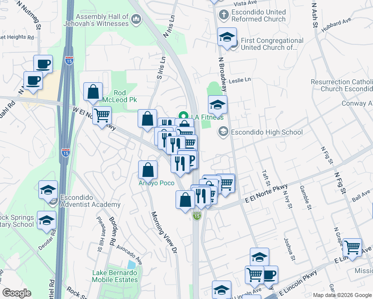map of restaurants, bars, coffee shops, grocery stores, and more near 330 West El Norte Parkway in Escondido