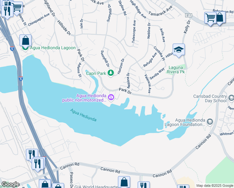 map of restaurants, bars, coffee shops, grocery stores, and more near 4735 Bryce Circle in Carlsbad