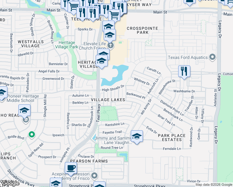 map of restaurants, bars, coffee shops, grocery stores, and more near 7794 Oakcrest Drive in Frisco