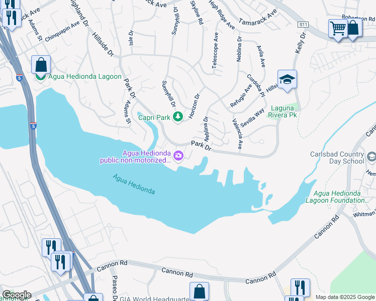 map of restaurants, bars, coffee shops, grocery stores, and more near 4735 Bryce Circle in Carlsbad