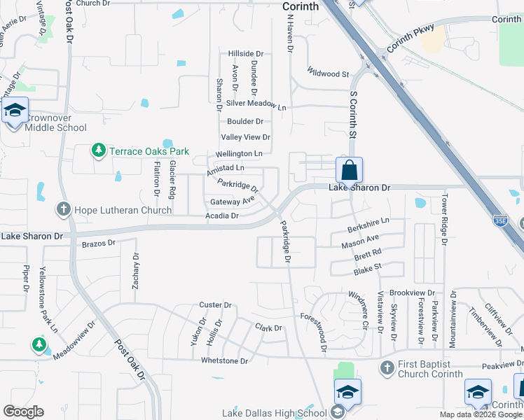 map of restaurants, bars, coffee shops, grocery stores, and more near 2310 Parkridge Drive in Corinth