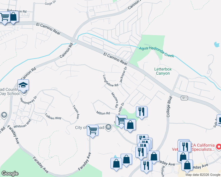 map of restaurants, bars, coffee shops, grocery stores, and more near 2341 Masters Road in Carlsbad