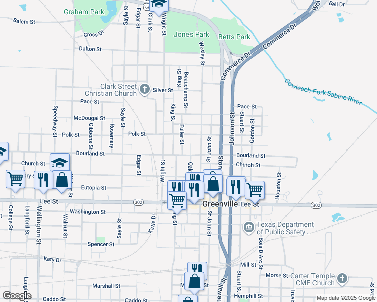 map of restaurants, bars, coffee shops, grocery stores, and more near 1901 Oak Street in Greenville