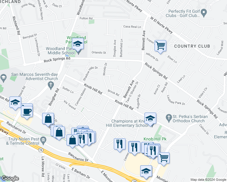 map of restaurants, bars, coffee shops, grocery stores, and more near 1460 Brook Road in San Marcos