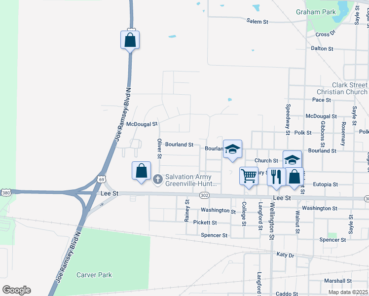 map of restaurants, bars, coffee shops, grocery stores, and more near 4808 Bourland Street in Greenville