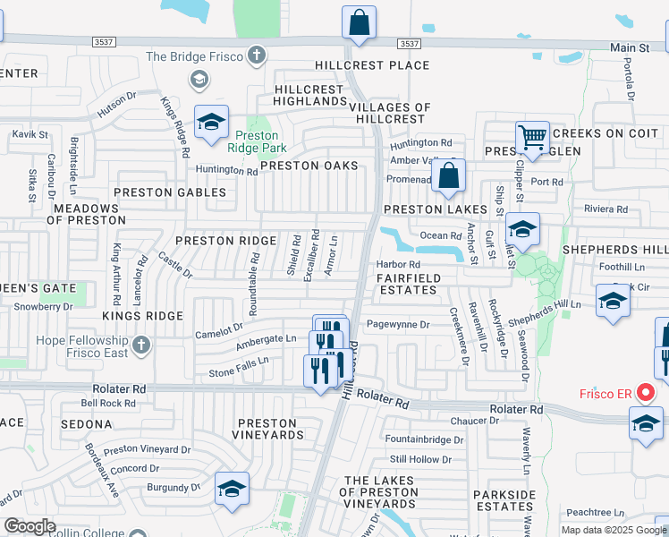 map of restaurants, bars, coffee shops, grocery stores, and more near 7836 Armor Lane in Frisco