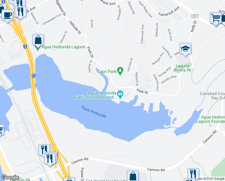 map of restaurants, bars, coffee shops, grocery stores, and more near 4727 Beachwood Court in Carlsbad