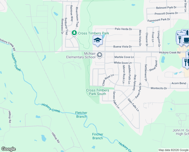 map of restaurants, bars, coffee shops, grocery stores, and more near 8013 Winding Stream Drive in Denton