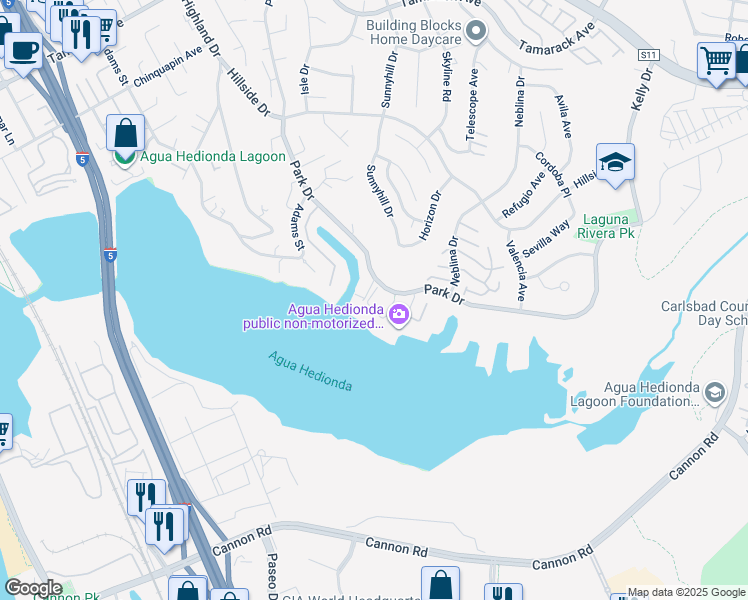 map of restaurants, bars, coffee shops, grocery stores, and more near 4746 Beachwood Court in Carlsbad