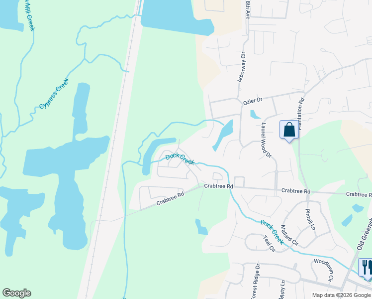map of restaurants, bars, coffee shops, grocery stores, and more near 7121 Cypress Drive in Tuscaloosa