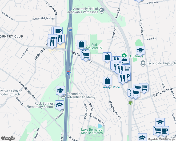 map of restaurants, bars, coffee shops, grocery stores, and more near 615 West El Norte Parkway in Escondido
