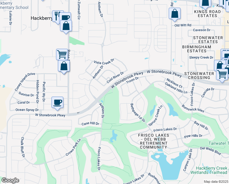 map of restaurants, bars, coffee shops, grocery stores, and more near 187 West Stonebrook Parkway in Frisco