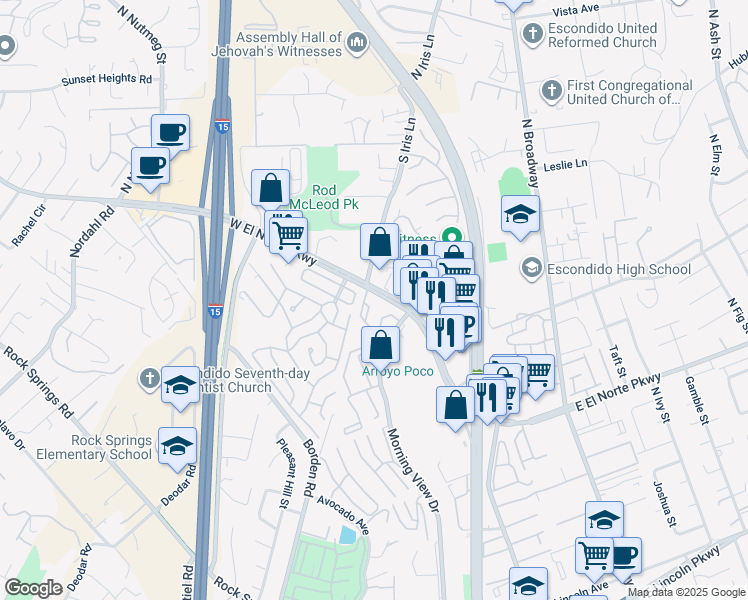 map of restaurants, bars, coffee shops, grocery stores, and more near 439 West El Norte Parkway in Escondido