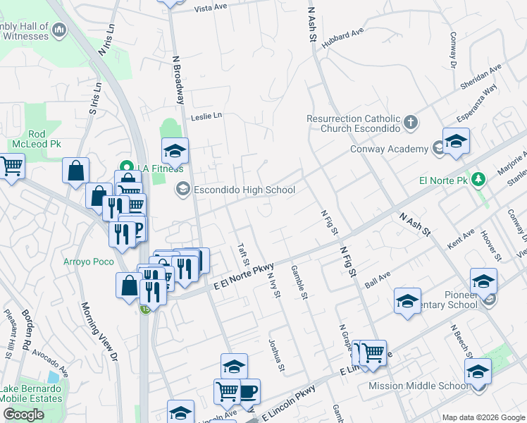 map of restaurants, bars, coffee shops, grocery stores, and more near 1435 Archwood Place in Escondido