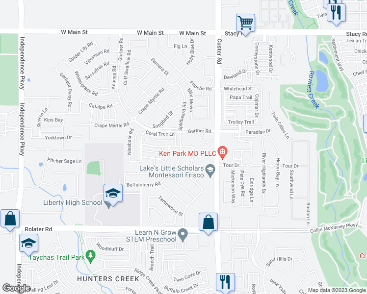 map of restaurants, bars, coffee shops, grocery stores, and more near 8097 Splitbeard Road in Frisco