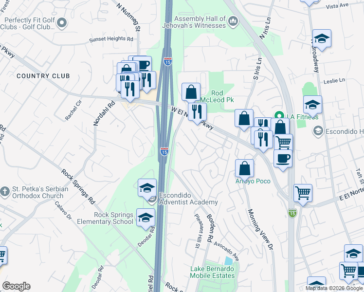 map of restaurants, bars, coffee shops, grocery stores, and more near 525 West El Norte Parkway in Escondido