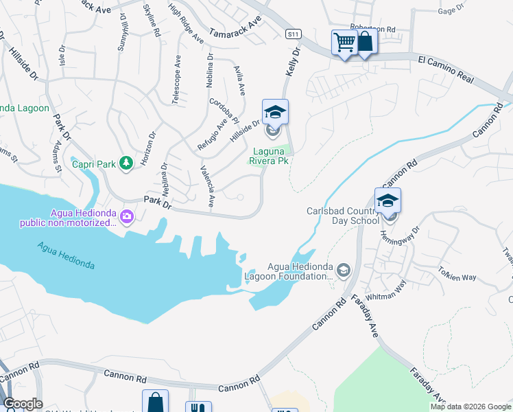 map of restaurants, bars, coffee shops, grocery stores, and more near 4876 Park Drive in Carlsbad