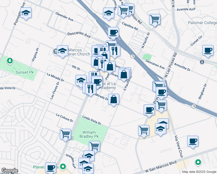 map of restaurants, bars, coffee shops, grocery stores, and more near 259 Pawnee Street in San Marcos