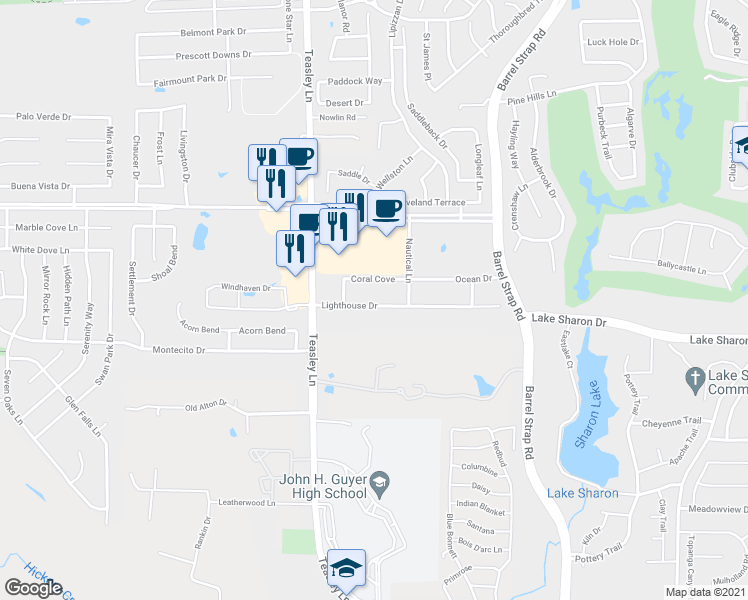 map of restaurants, bars, coffee shops, grocery stores, and more near 3105 Lighthouse Drive in Denton