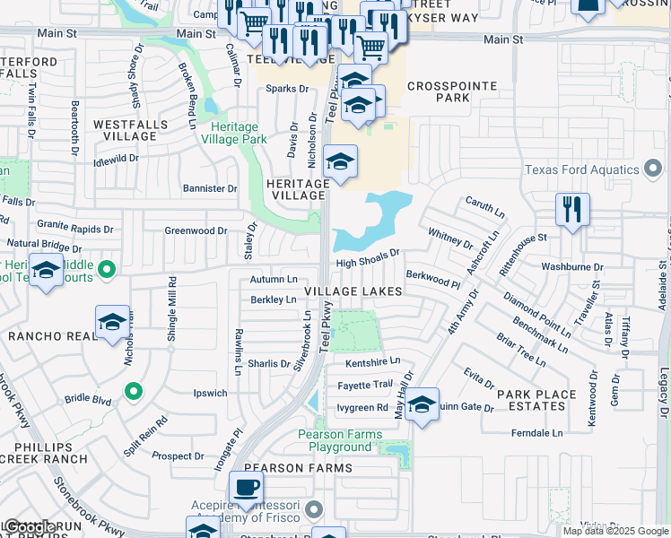 map of restaurants, bars, coffee shops, grocery stores, and more near 7791 Amberdale Lane in Frisco