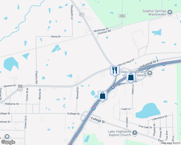 map of restaurants, bars, coffee shops, grocery stores, and more near 1227 Jefferson Street East in Sulphur Springs