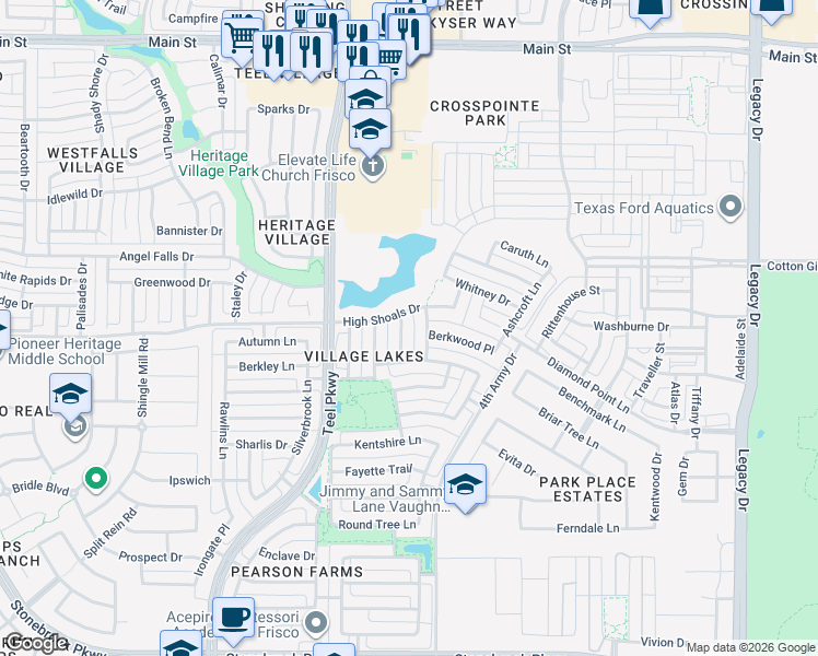 map of restaurants, bars, coffee shops, grocery stores, and more near 7773 Edelweiss Trail in Frisco