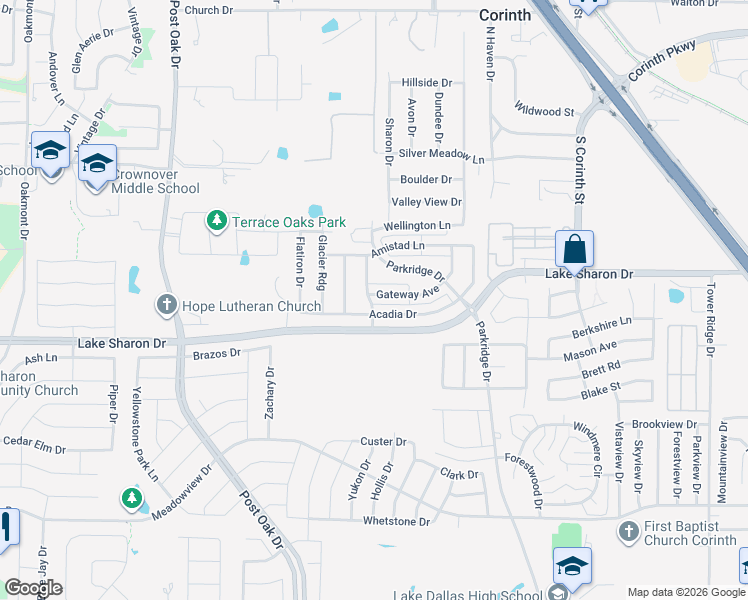 map of restaurants, bars, coffee shops, grocery stores, and more near 2307 Lake Sharon Drive in Corinth