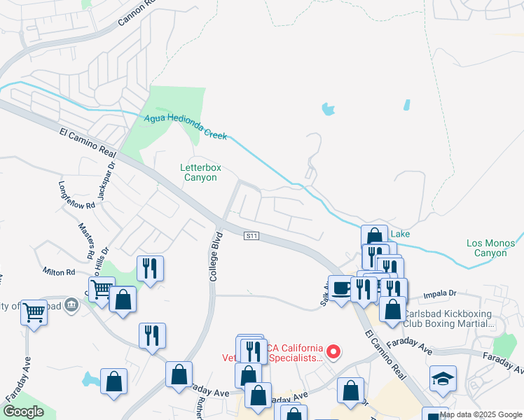 map of restaurants, bars, coffee shops, grocery stores, and more near 2419 Badger Lane in Carlsbad