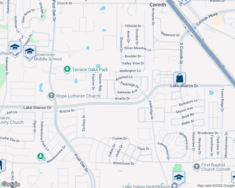 map of restaurants, bars, coffee shops, grocery stores, and more near 2303 Lake Sharon Drive in Corinth