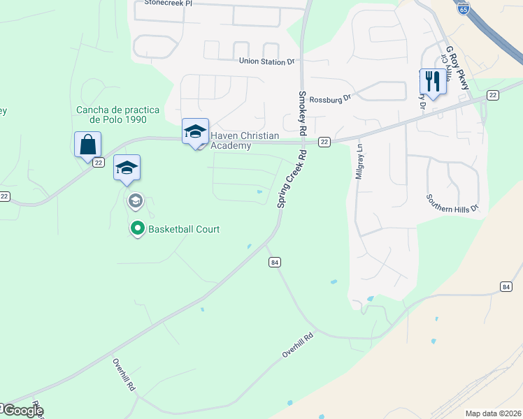 map of restaurants, bars, coffee shops, grocery stores, and more near 6069 Spring Creek Road in Montevallo