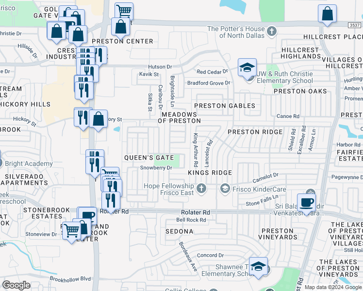 map of restaurants, bars, coffee shops, grocery stores, and more near 9761 Windsong Drive in Frisco
