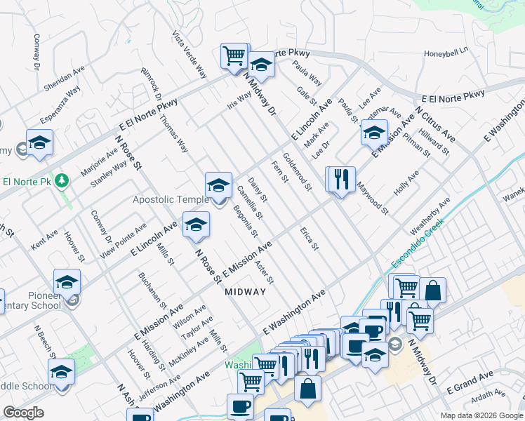 map of restaurants, bars, coffee shops, grocery stores, and more near 840 Daisy Street in Escondido