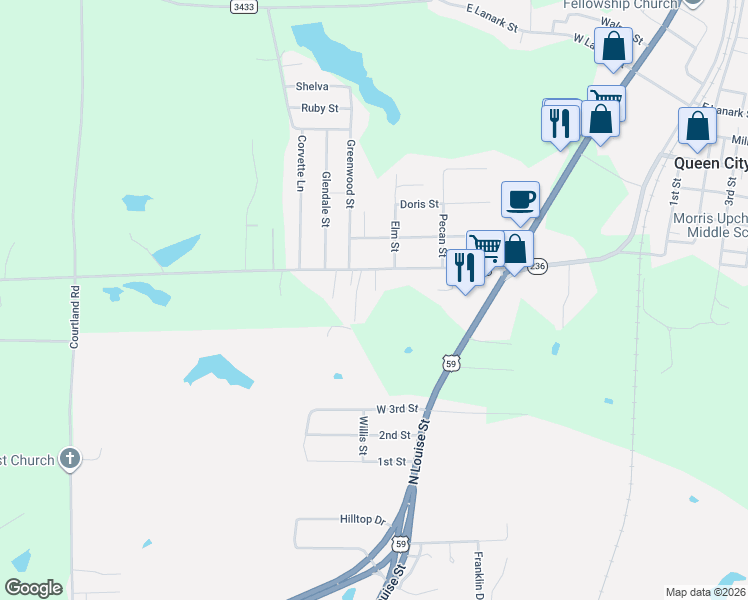 map of restaurants, bars, coffee shops, grocery stores, and more near 407 Hickory Street in Queen City