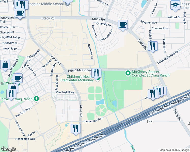 map of restaurants, bars, coffee shops, grocery stores, and more near 6505 Stars Avenue in McKinney