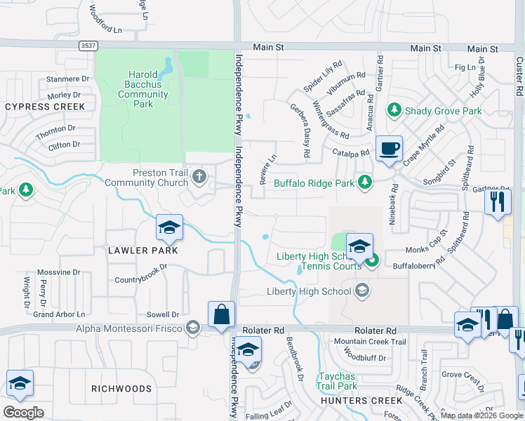 map of restaurants, bars, coffee shops, grocery stores, and more near 14715 Yorktown Drive in Frisco