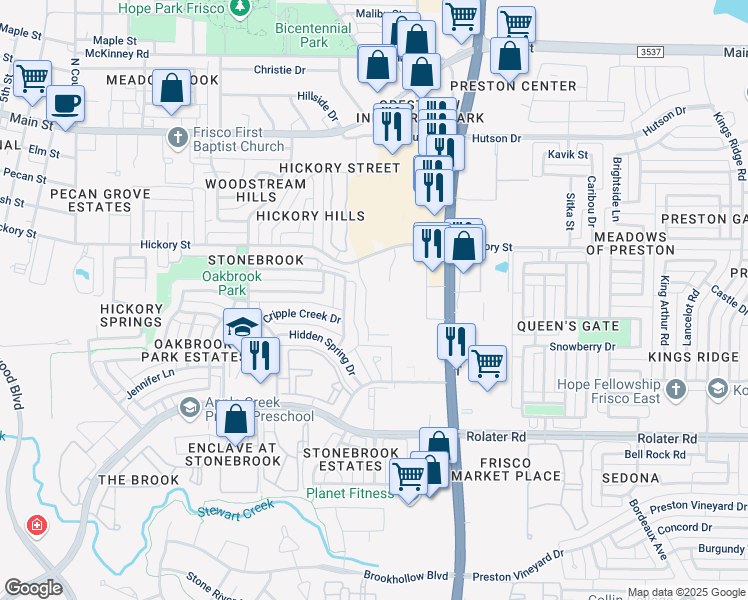 map of restaurants, bars, coffee shops, grocery stores, and more near 8625 Hickory Street in Frisco