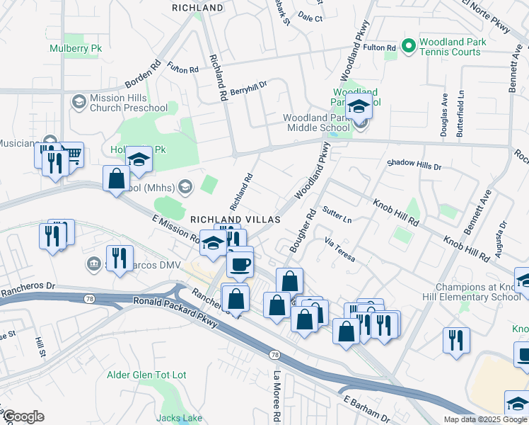 map of restaurants, bars, coffee shops, grocery stores, and more near 1022 Brookdel Avenue in San Marcos