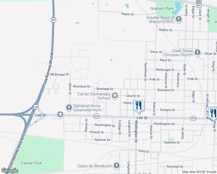 map of restaurants, bars, coffee shops, grocery stores, and more near 1902 Williams Street in Greenville