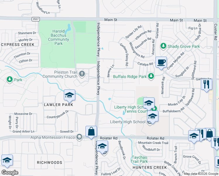 map of restaurants, bars, coffee shops, grocery stores, and more near 14715 Yorktown Drive in Frisco