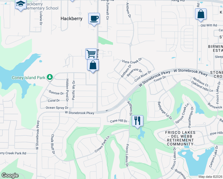 map of restaurants, bars, coffee shops, grocery stores, and more near 7835 Gulf Walk Road in Frisco